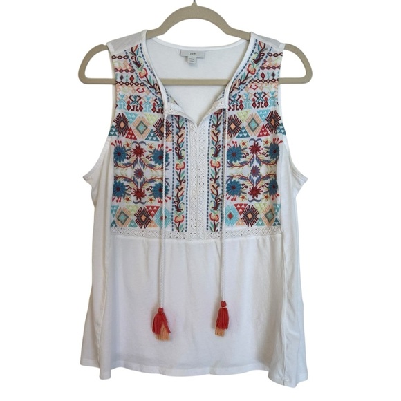 J. Jill Embroidered Tassel Tie Neck Top White Multi Petite Large Boho Western - Picture 1 of 4